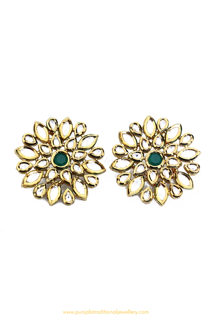 Gold Finished Emerald Kundan Studs By PTJ