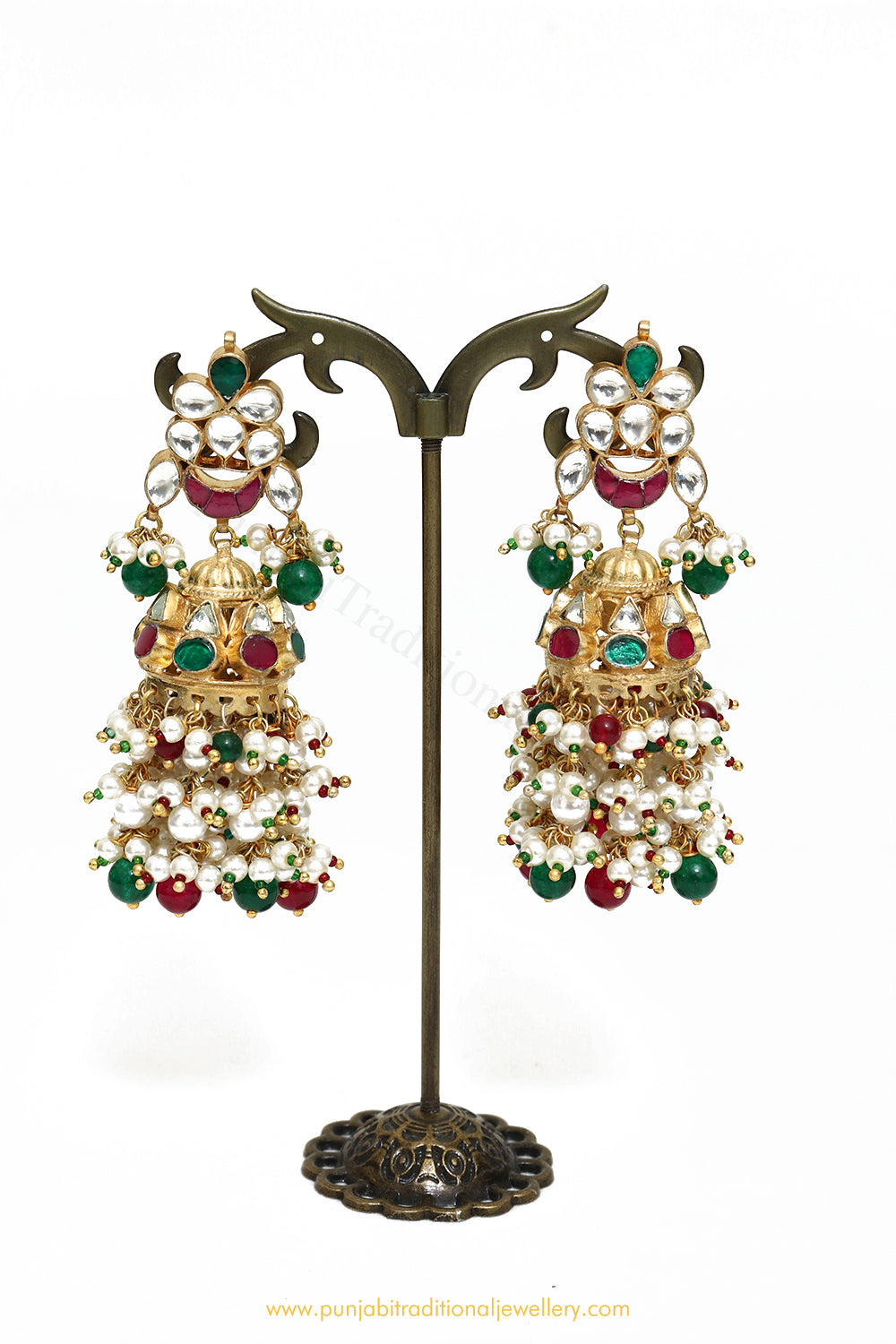 Gold Finished Kundan Rubby Emerald Jhumki Earrings by PTJ