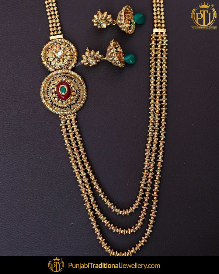 Antique Gold Finished Emerald Rubby Johda long Set | Punjabi Traditional Jewellery Exclusive