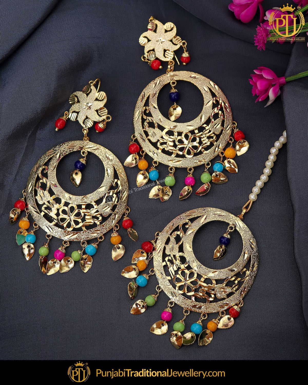 Gold Finished Pearl Pippal Patti Navratan Jadau Earring Tikka Set | Punjabi Traditional Jewellery Exclusive
