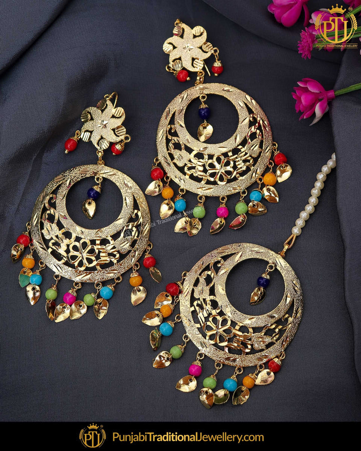 Gold Finished Pearl Pippal Patti Navratan Jadau Earring Tikka Set | Punjabi Traditional Jewellery Exclusive