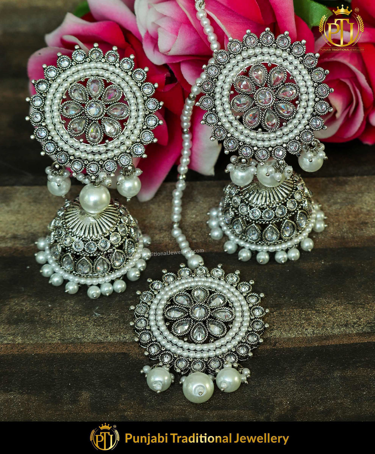 Silver Finished Polki Stone Jhumki & Stud Earrings & Tikka Set | Punjabi Traditional Jewellery Exclusive