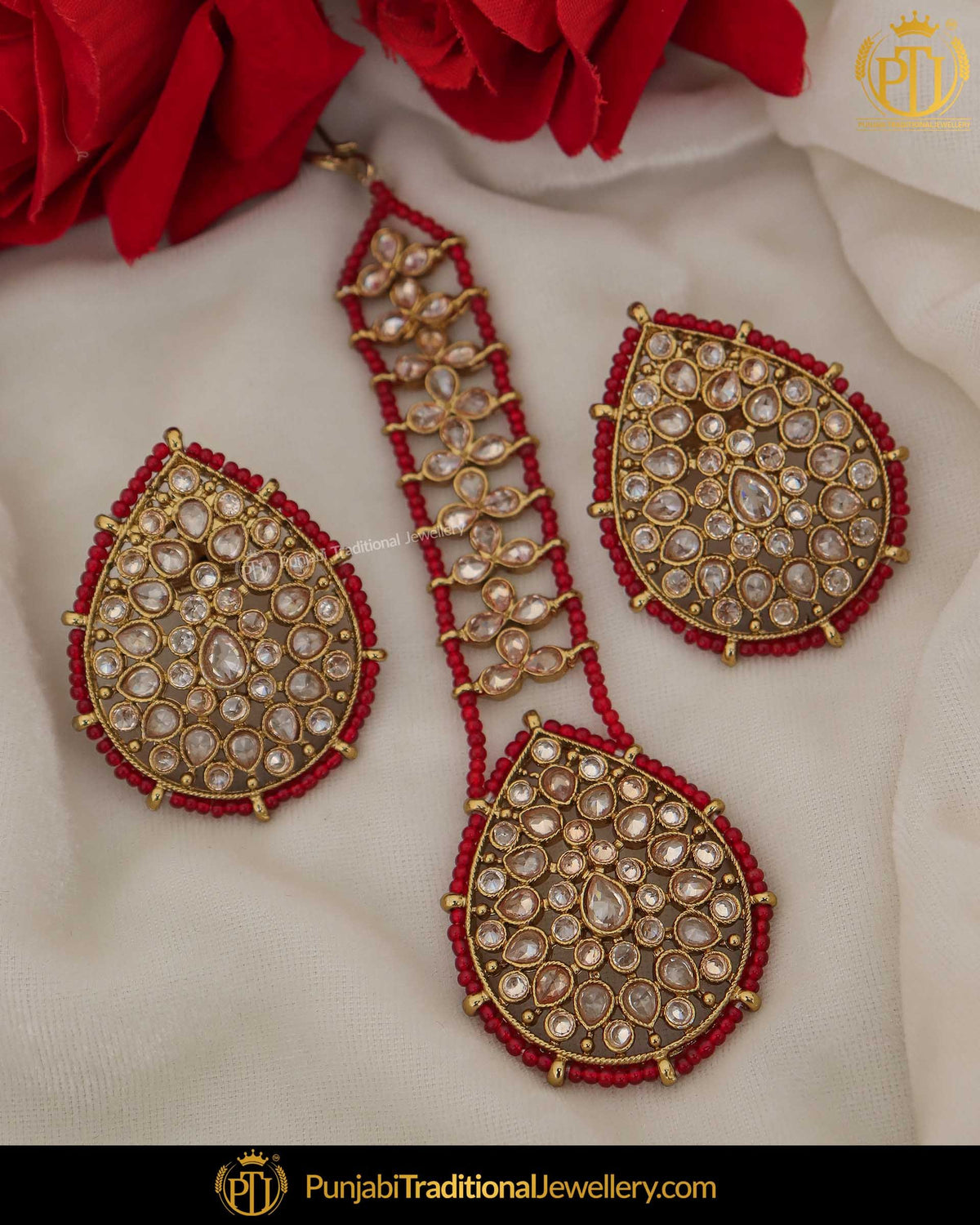 Gold Finished Rubby Champagne Stone Stud Earring Tikka Set | Punjabi Traditional Jewellery Exclusive