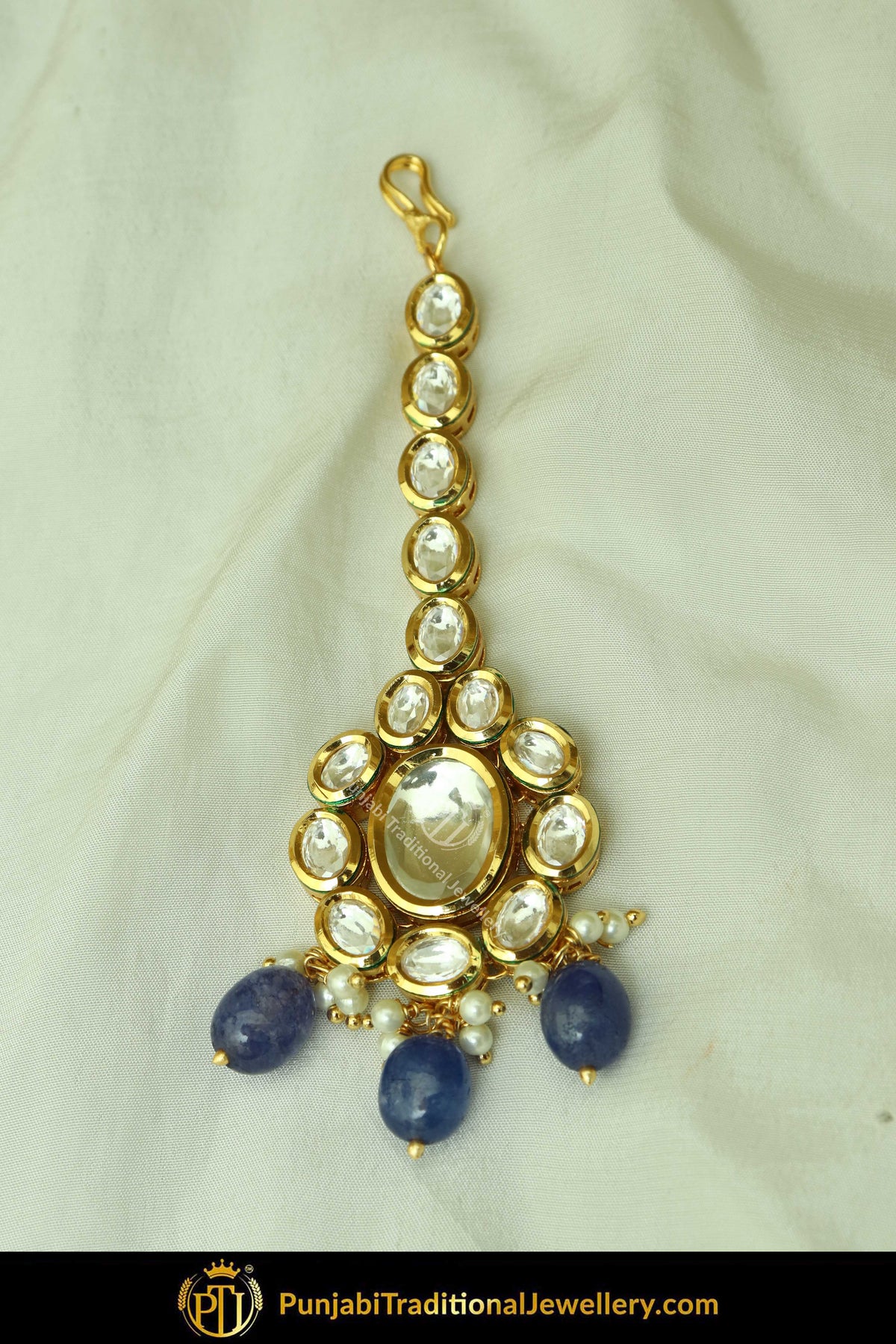 Gold Finished Kundan Blue Pearl Tikka | Punjabi Traditional Jewellery Exclusive