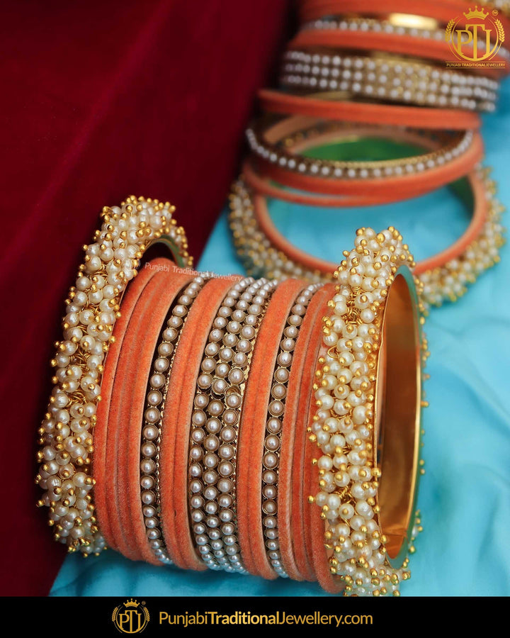 Orange Thread Pearl Bangles Set (Both Hand Pair) | Punjabi Traditional Jewellery Exclusive