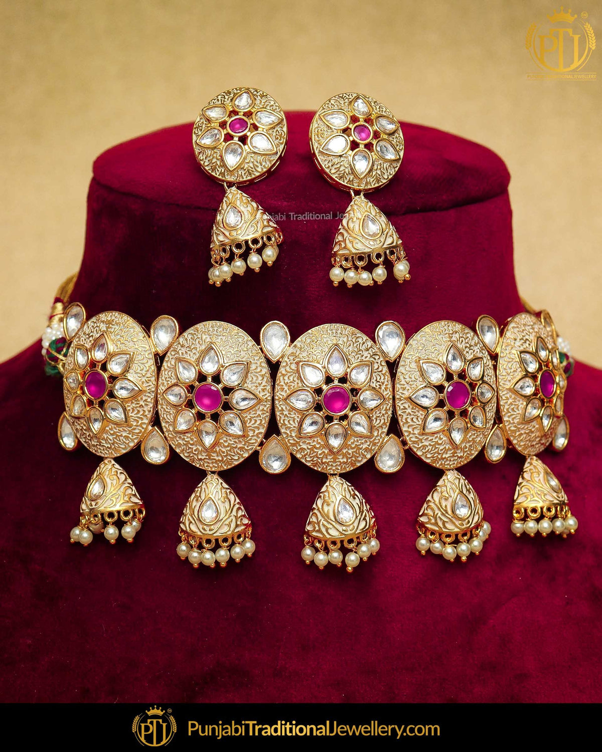 Hand Painted Pink Meena Kundan Pearl Necklace Set | Punjabi Traditional Jewellery Exclusive