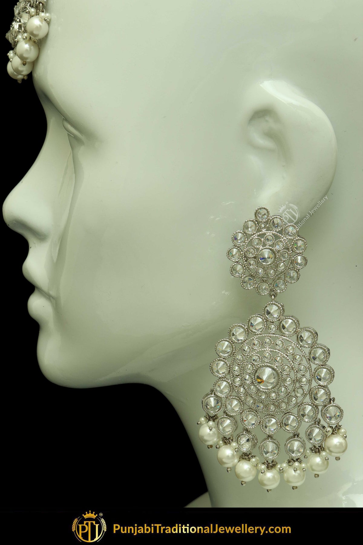 Silver Finished Polki Stone Pearl Earrings & Tikka Set By Punjabi Traditional Jewellery