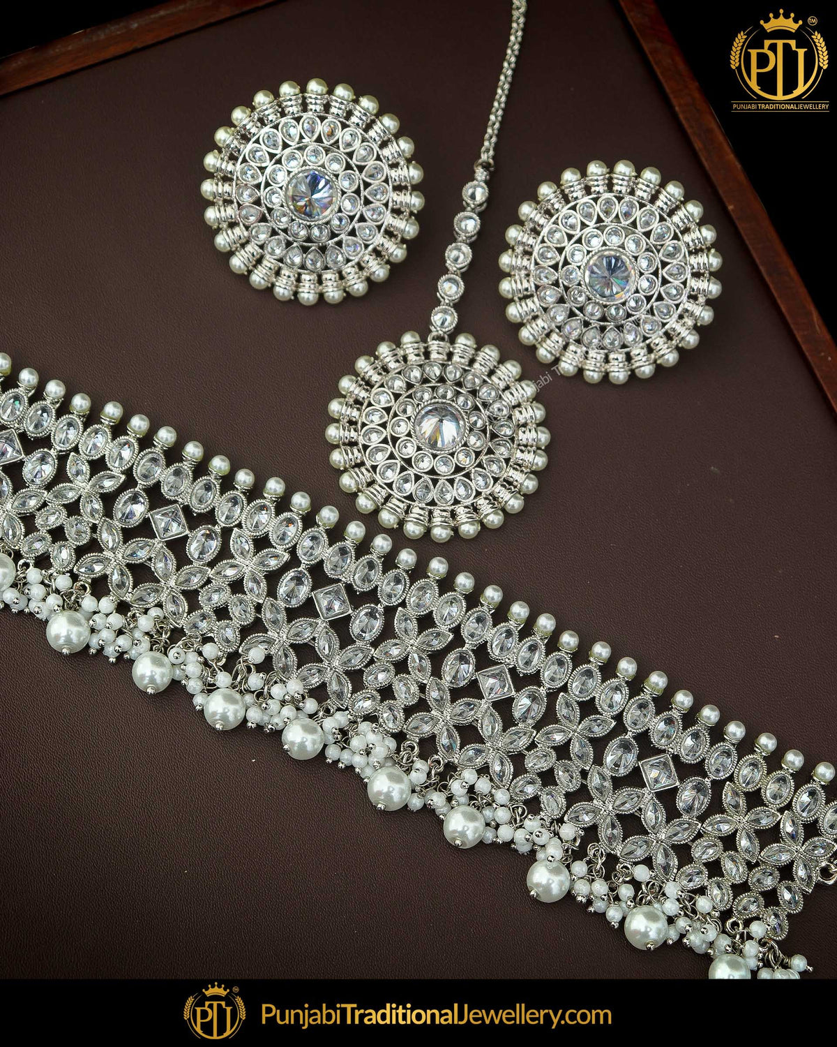 Silver Finished Polki Necklace Set | Punjabi Traditional Jewellery Exclusive