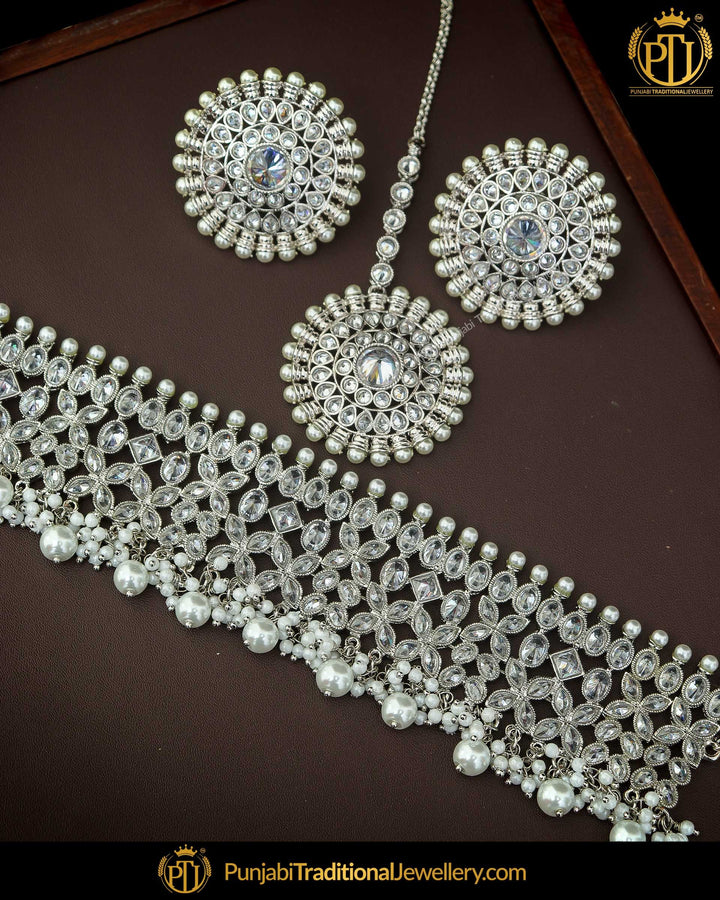 Silver Finished Polki Necklace Set | Punjabi Traditional Jewellery Exclusive