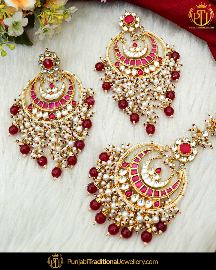 Gold Finished Rubby Pearl Kundan Earring Tikka Set | Punjabi Traditional Jewellery Exclusive