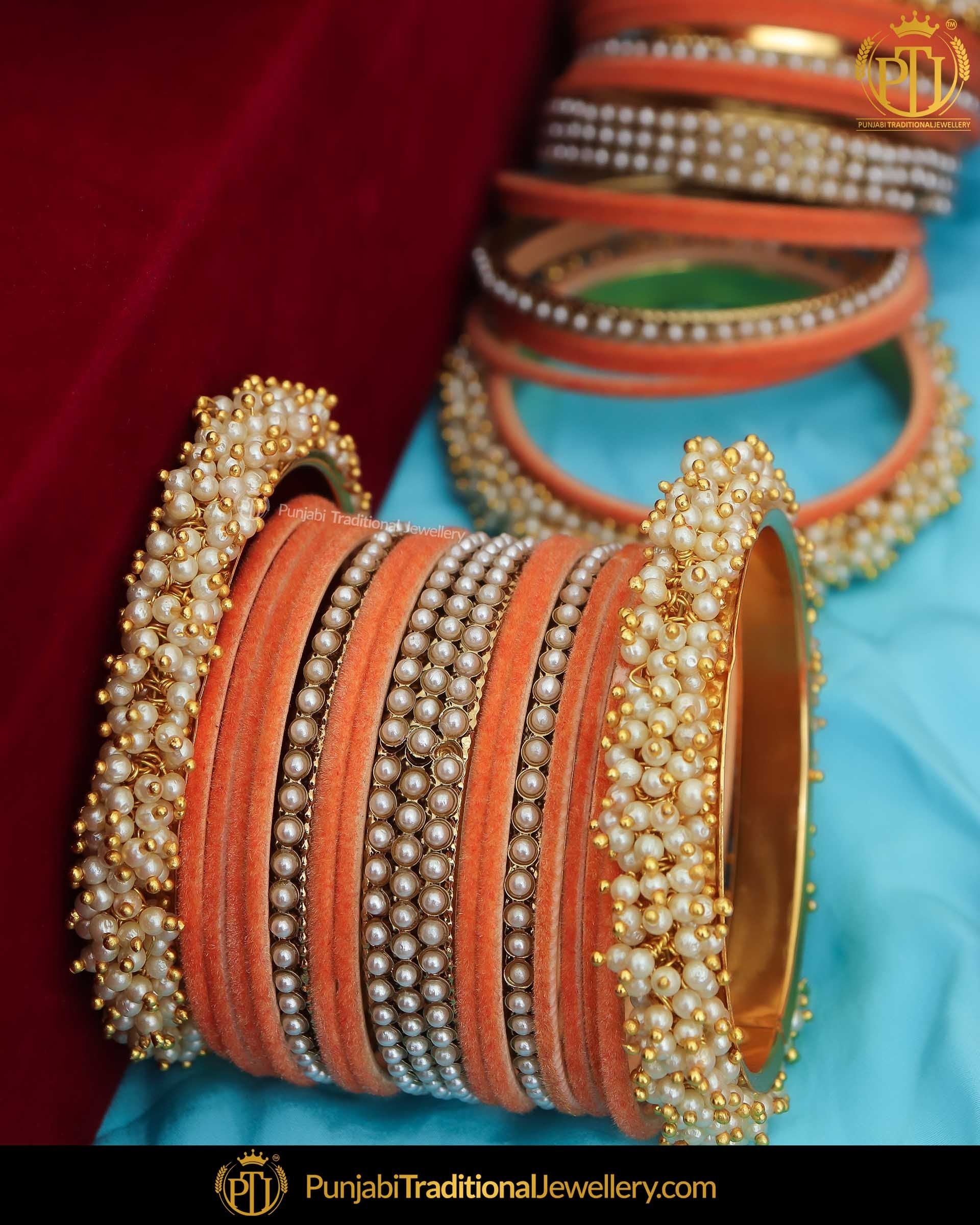 Orange Thread Pearl Bangles Set (Both Hand Pair) | Punjabi Traditional Jewellery Exclusive