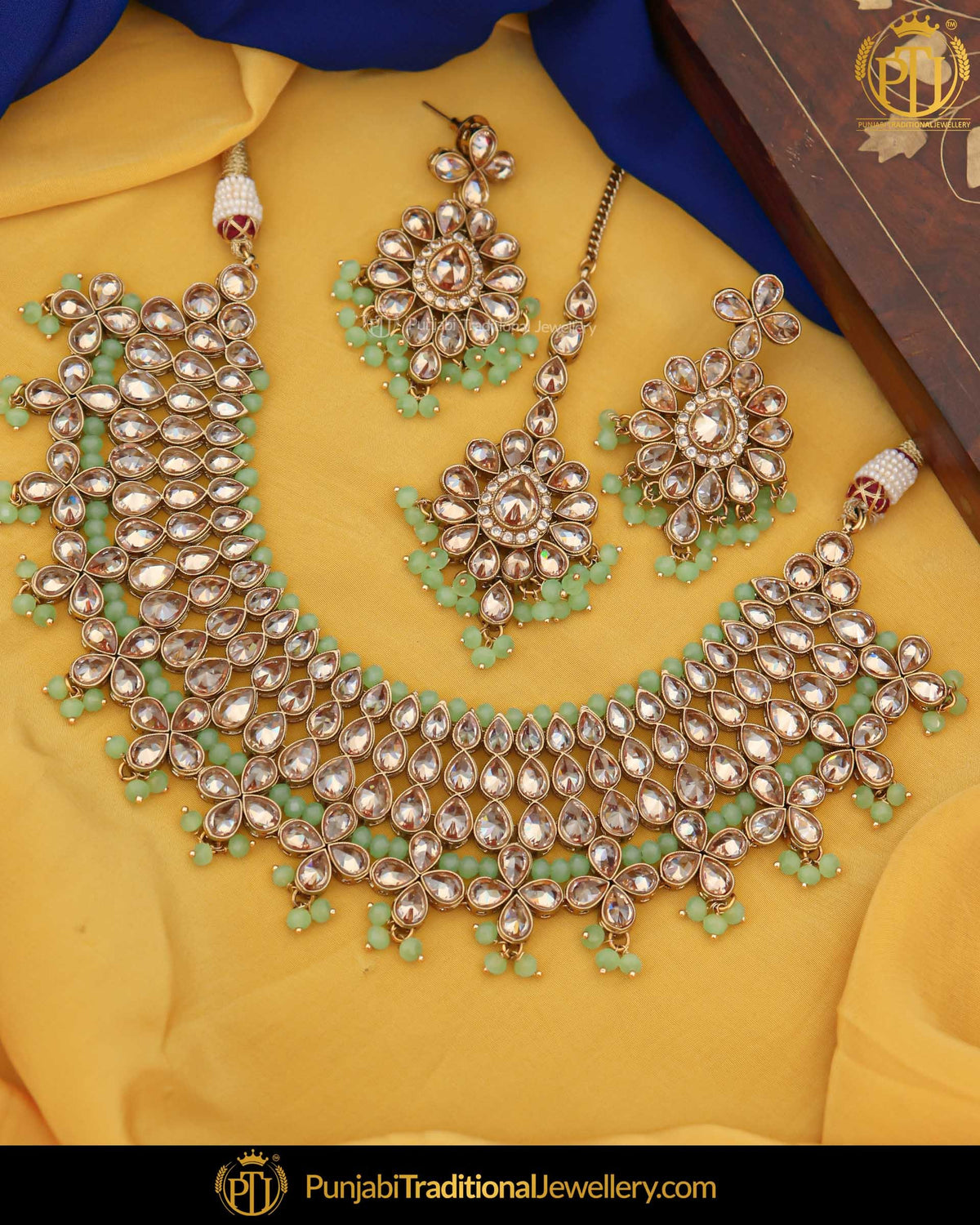 Gold Finished Champagne Stone Pista Green Pearl Necklace Set | Punjabi Traditional Jewellery Exclusive