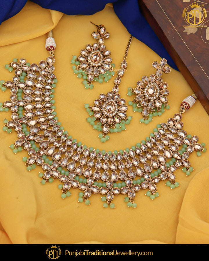 Gold Finished Champagne Stone Pista Green Pearl Necklace Set | Punjabi Traditional Jewellery Exclusive
