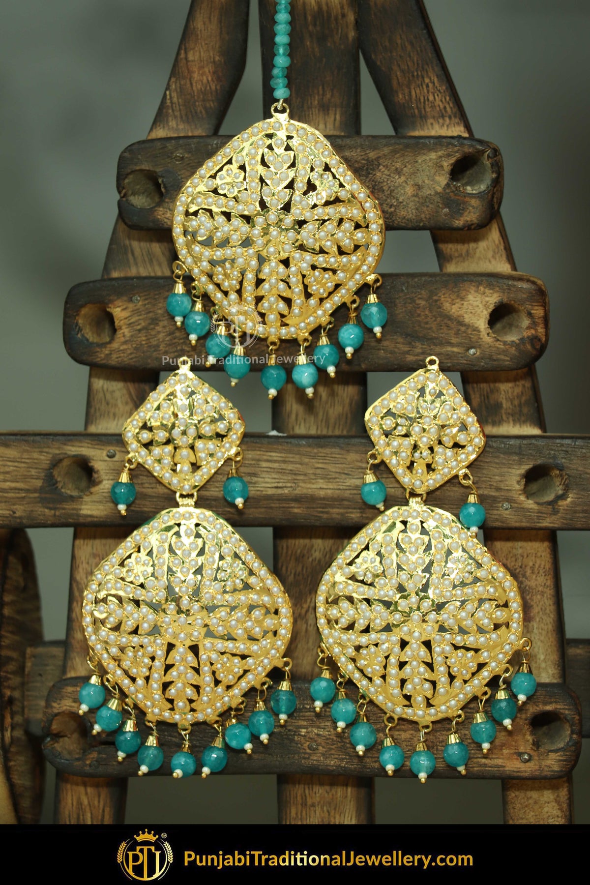 Gold Finished Firozi Jadau Pearl Earring Tikka Set | Punjabi Traditional Jewellery Exclusive