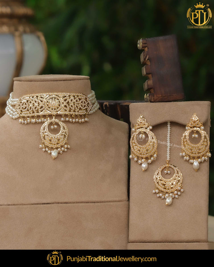 Gold Finished Jadau Pearl Choker Necklace Set without tikka| Punjabi Traditional Jewellery Exclusive