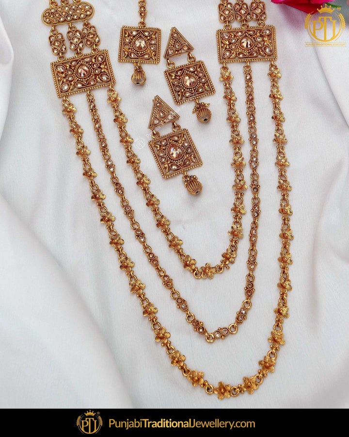 Antique Gold Finished Champagne Stone Long  Set  | Punjabi Traditional Jewellery Exclusive