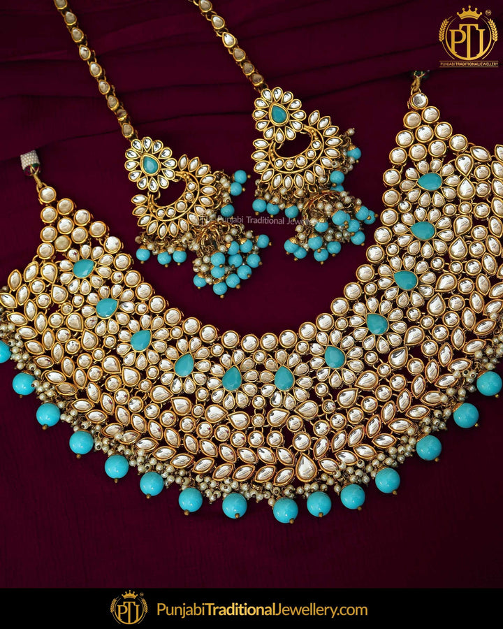 Gold Finished Firozi Kundan Pearl Choker Necklace & Sahare Earrings | Punjabi Traditional Jewellery Exclusive