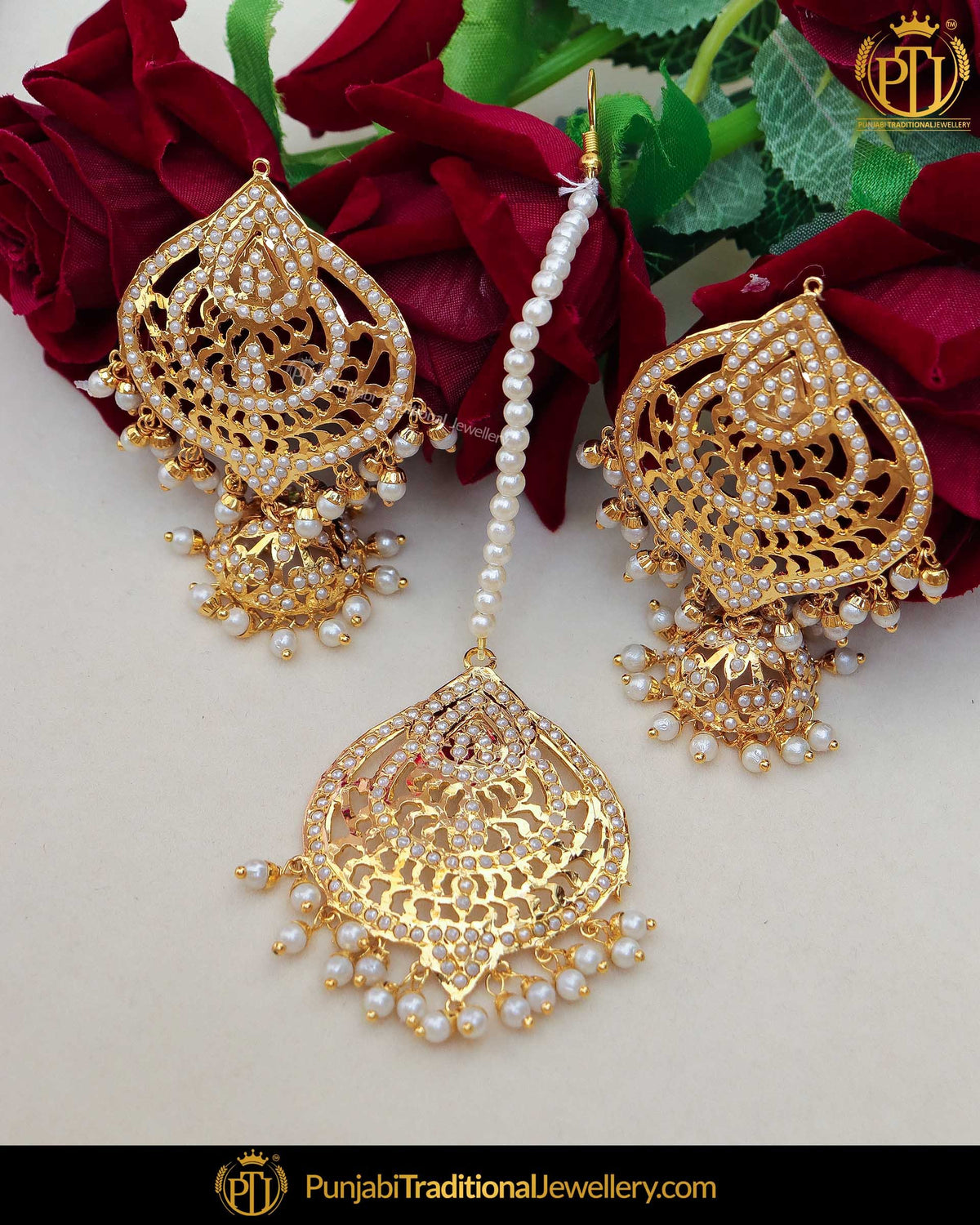 Gold Finished Jadau Pearl Jhumki Earring Tikka Set | Punjabi Traditional Jewellery Exclusive