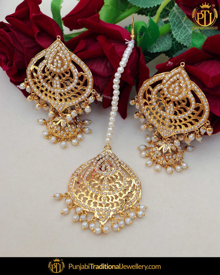Gold Finished Jadau Pearl Jhumki Earring Tikka Set | Punjabi Traditional Jewellery Exclusive