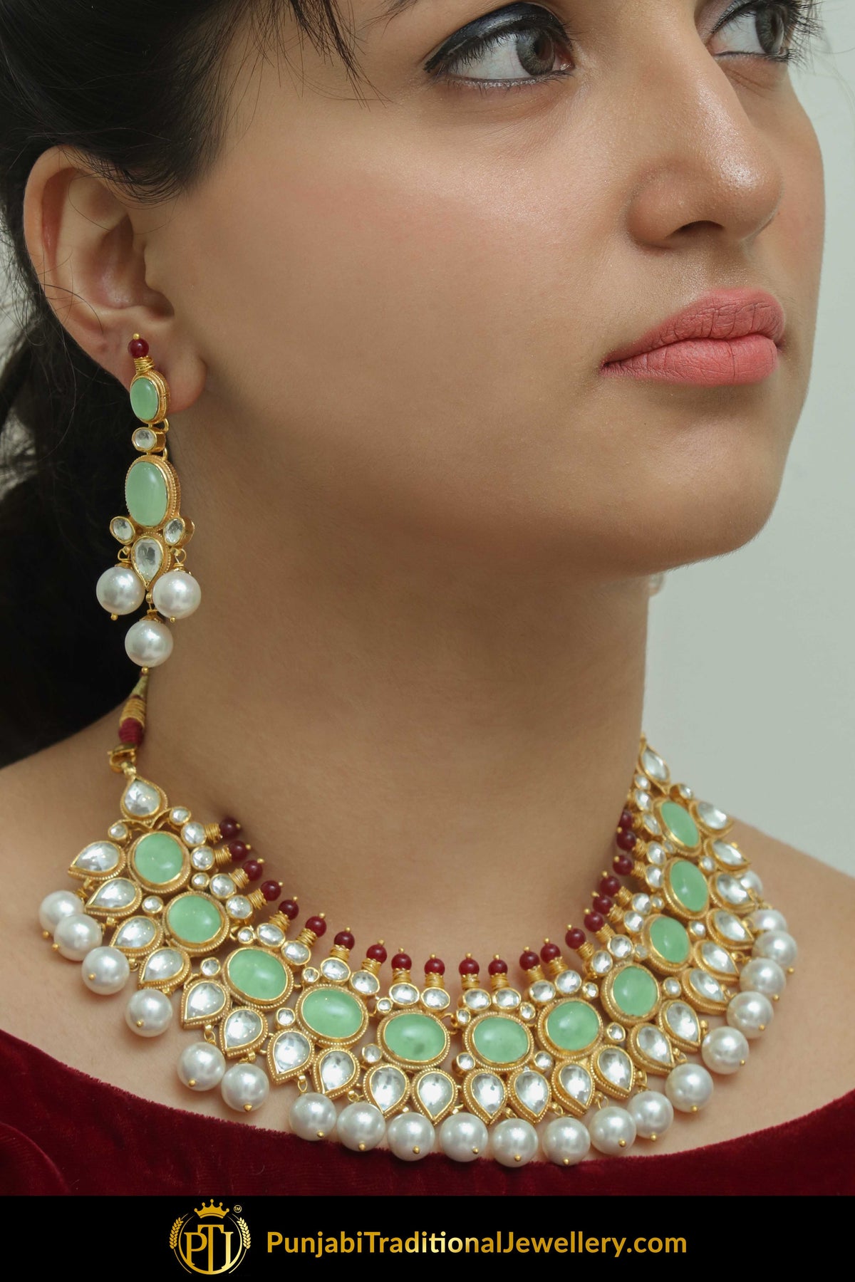 Adeena New Jade Rubby Pearl Kundan Pearl Necklace Set | Punjabi Traditional Jewellery Exclusive