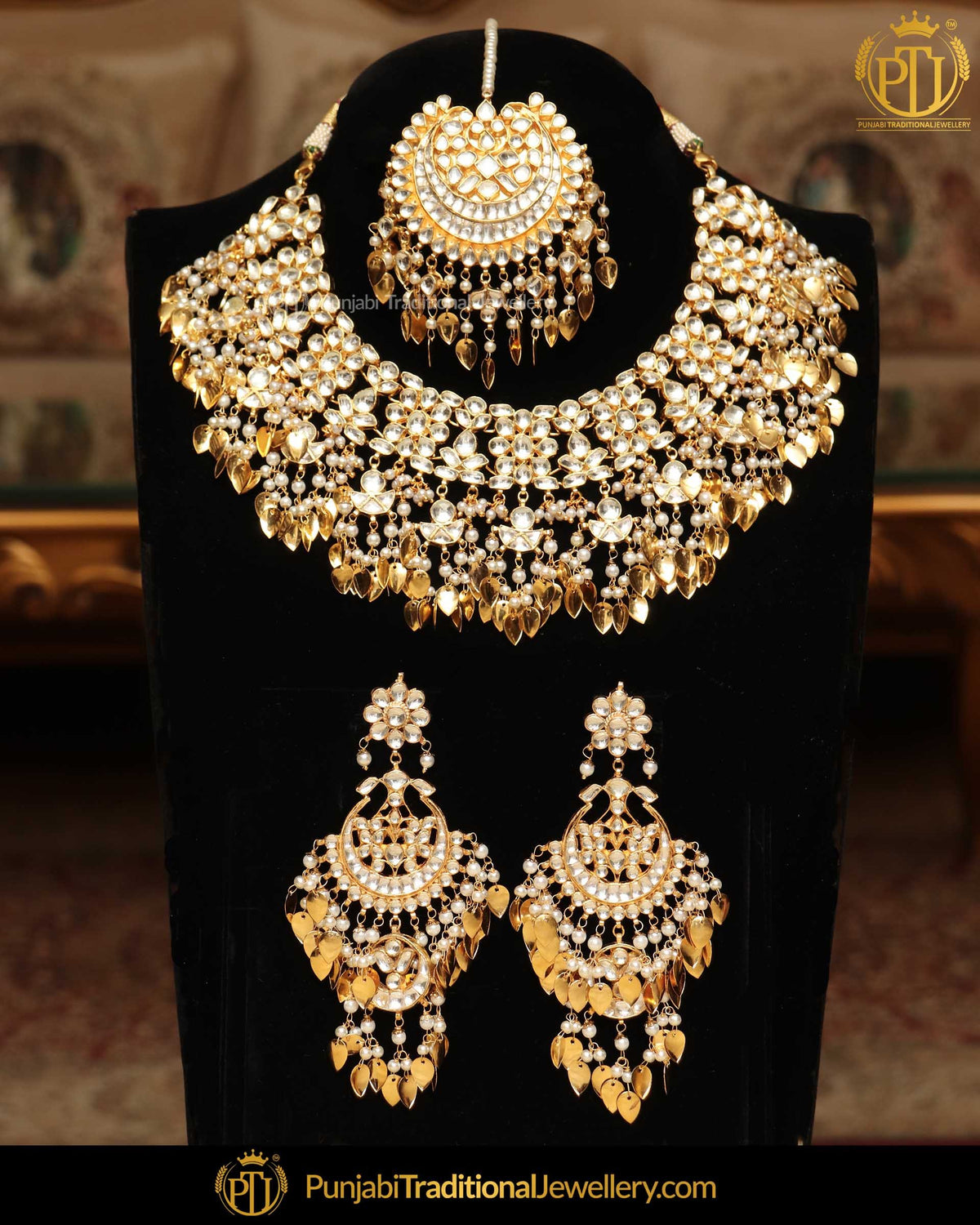 Gold Finished Pearl Pippal Patti Kundan Necklace Set | Punjabi Traditional Jewellery Exclusive