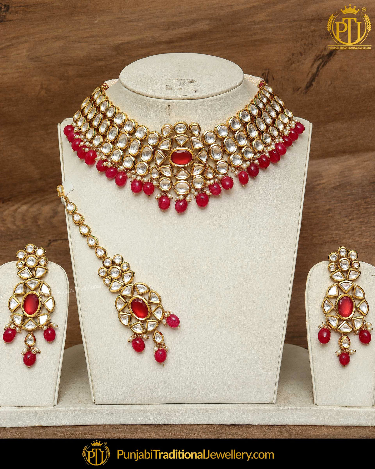 Red Kundan & Pearl Choker Necklace Set By Punjabi Traditional Jewellery