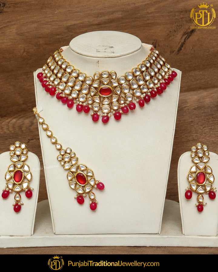 Red Kundan & Pearl Choker Necklace Set By Punjabi Traditional Jewellery