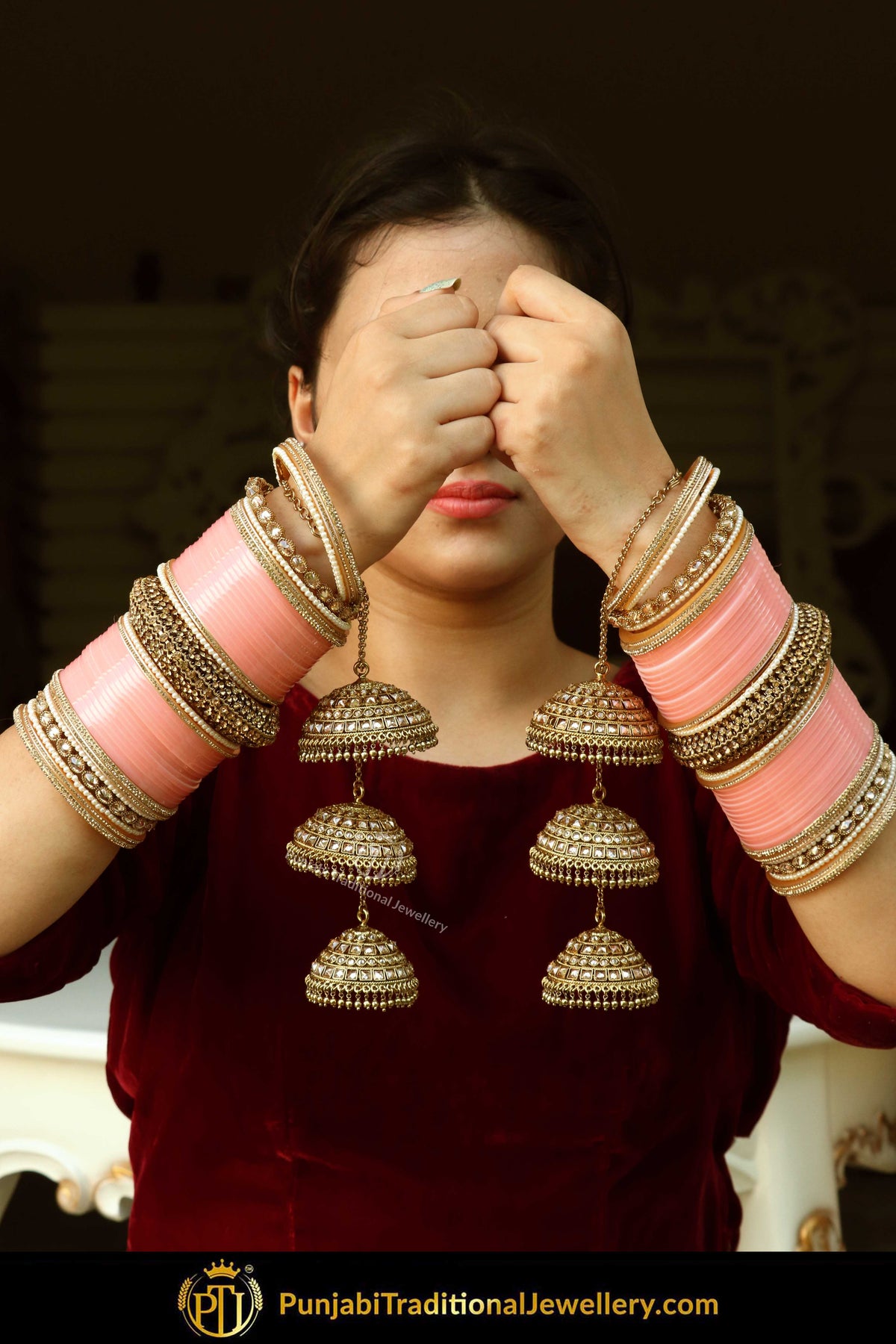 Gold Finished Jerkan Peach Bridal Chura & Polki Bridal Kalira | Punjabi Traditional Jewellery Exclusive