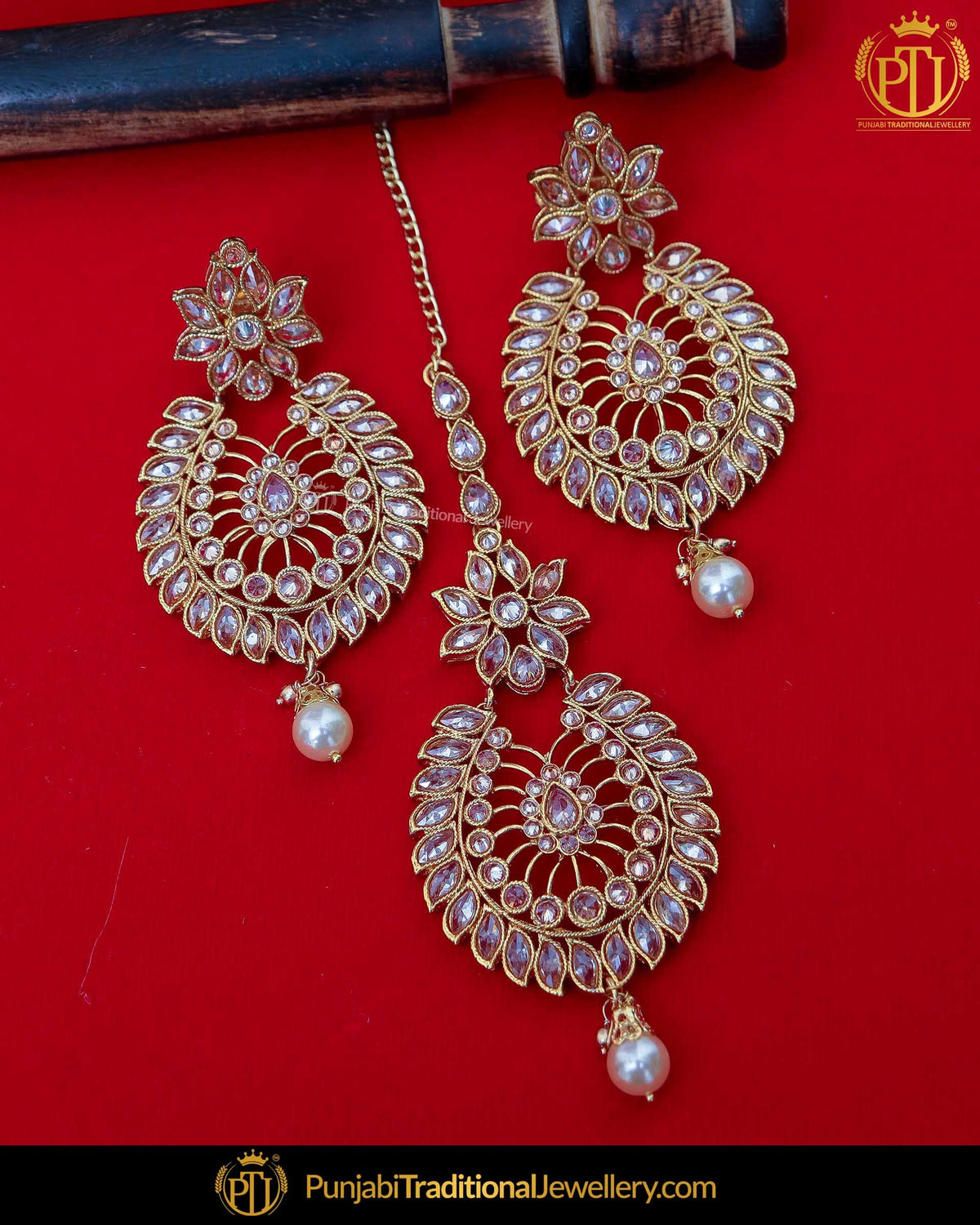 Silver Finished Polki Stone Pearl Earring Tikka Set | Punjabi Traditional Jewellery Exclusive
