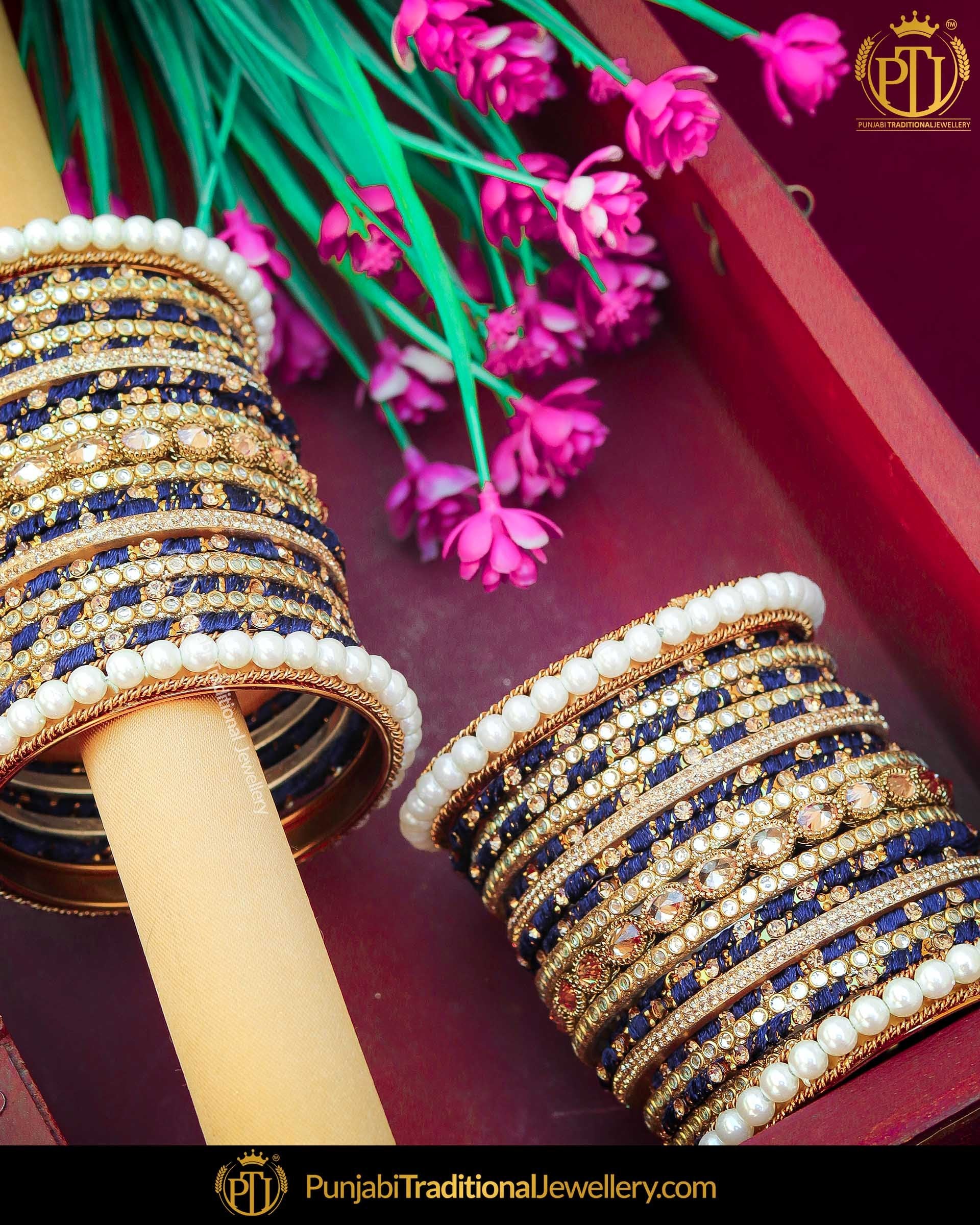 Champagne stone with pearl blue thread Bangles Set (Both Hand Pair) | Punjabi Traditional Jewellery Exclusive