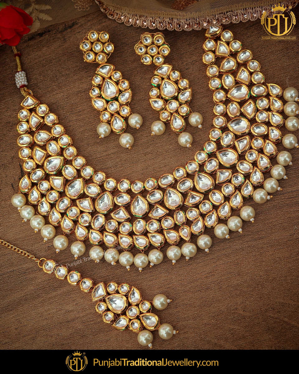 Gold Finished Kundan Pearl Necklace Set | Punjabi Traditional Jewellery Exclusive
