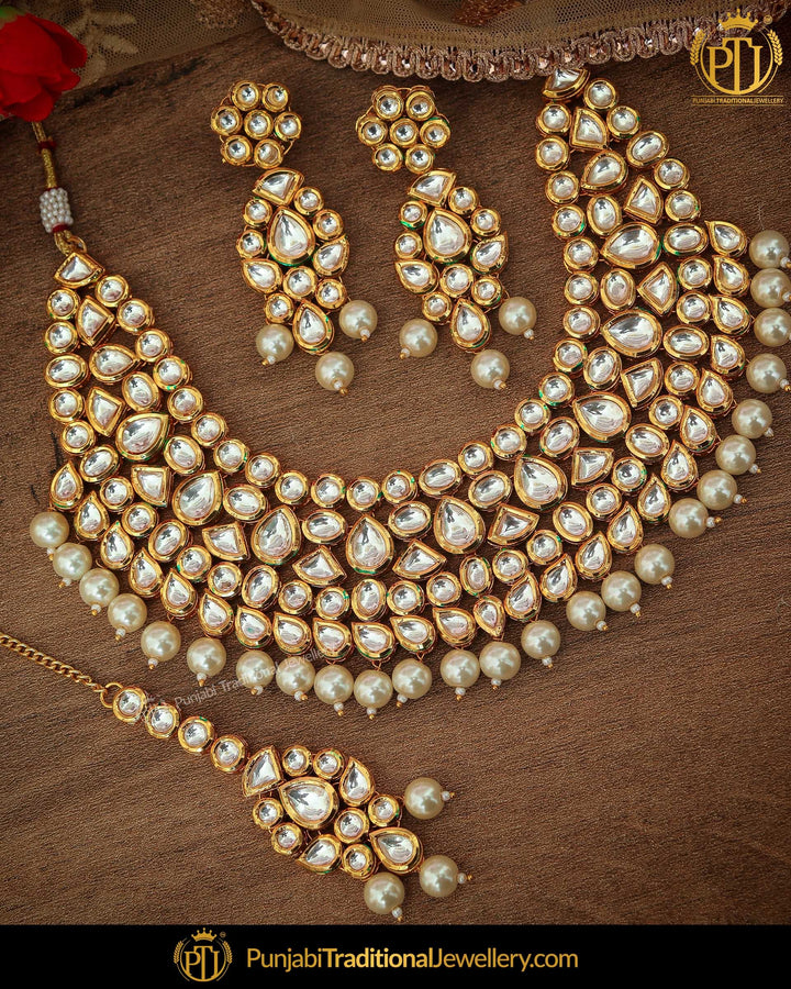 Gold Finished Kundan Pearl Necklace Set | Punjabi Traditional Jewellery Exclusive