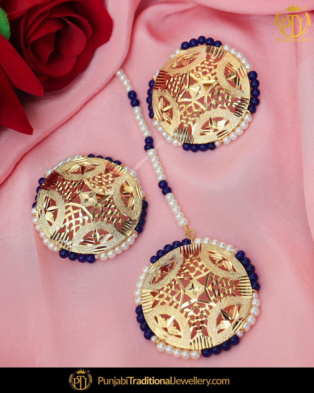 Gold Finished Blue Jadau Stud Pearl Earring Tikka Set | Punjabi Traditional Jewellery Exclusive