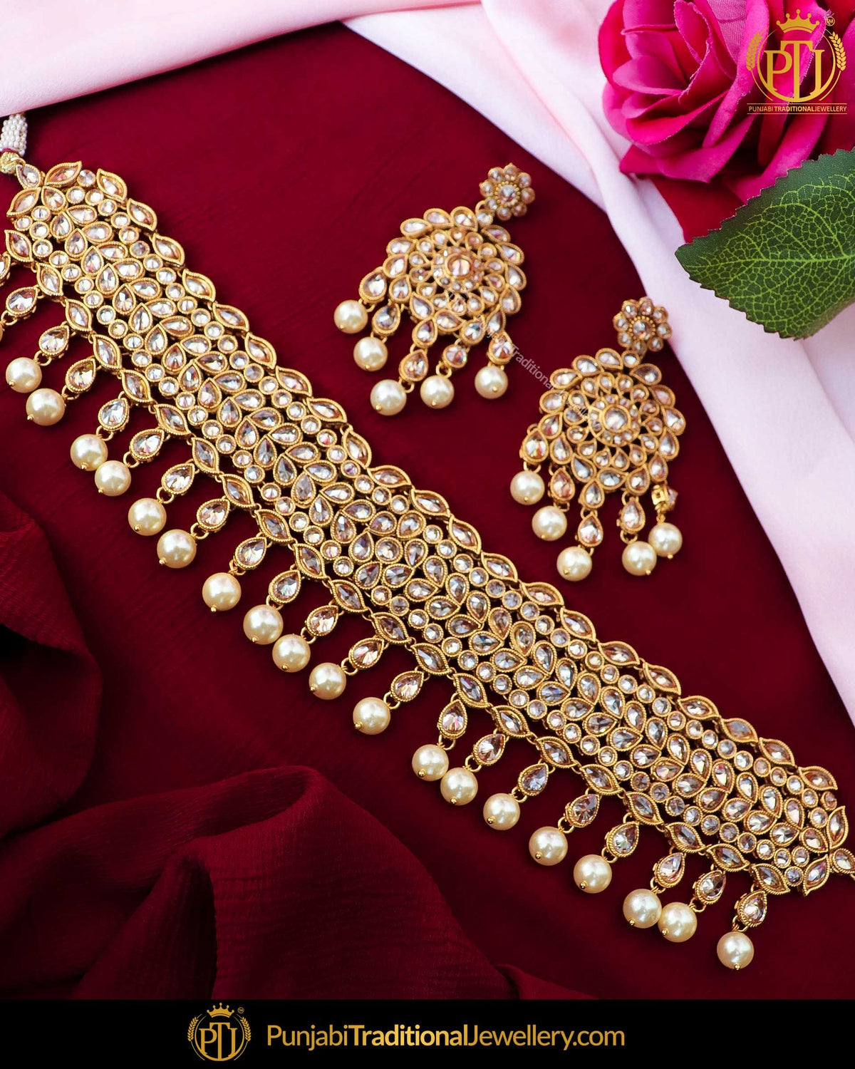 Gold Finished Champagne Stone Pearl Choker Necklace Set  | Punjabi Traditional Jewellery Exclusive