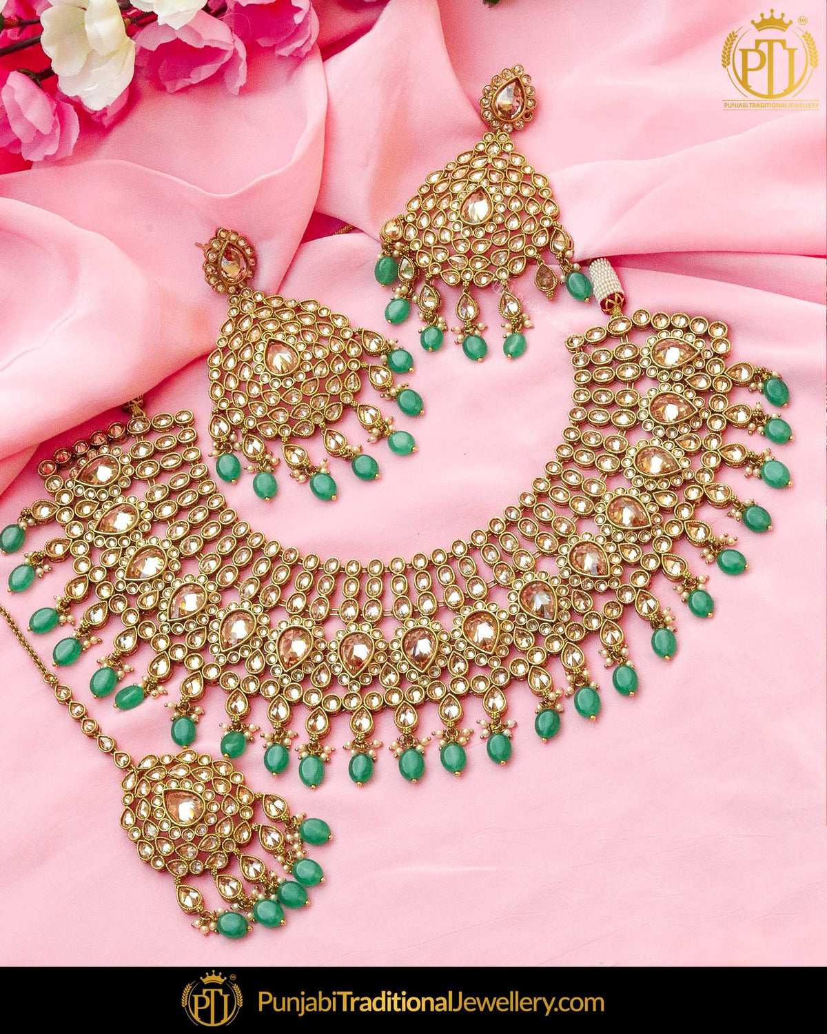 Antique Gold Finished Emerald Champagne Stone Pearl Necklace Set | Punjabi Traditional Jewellery Exclusive