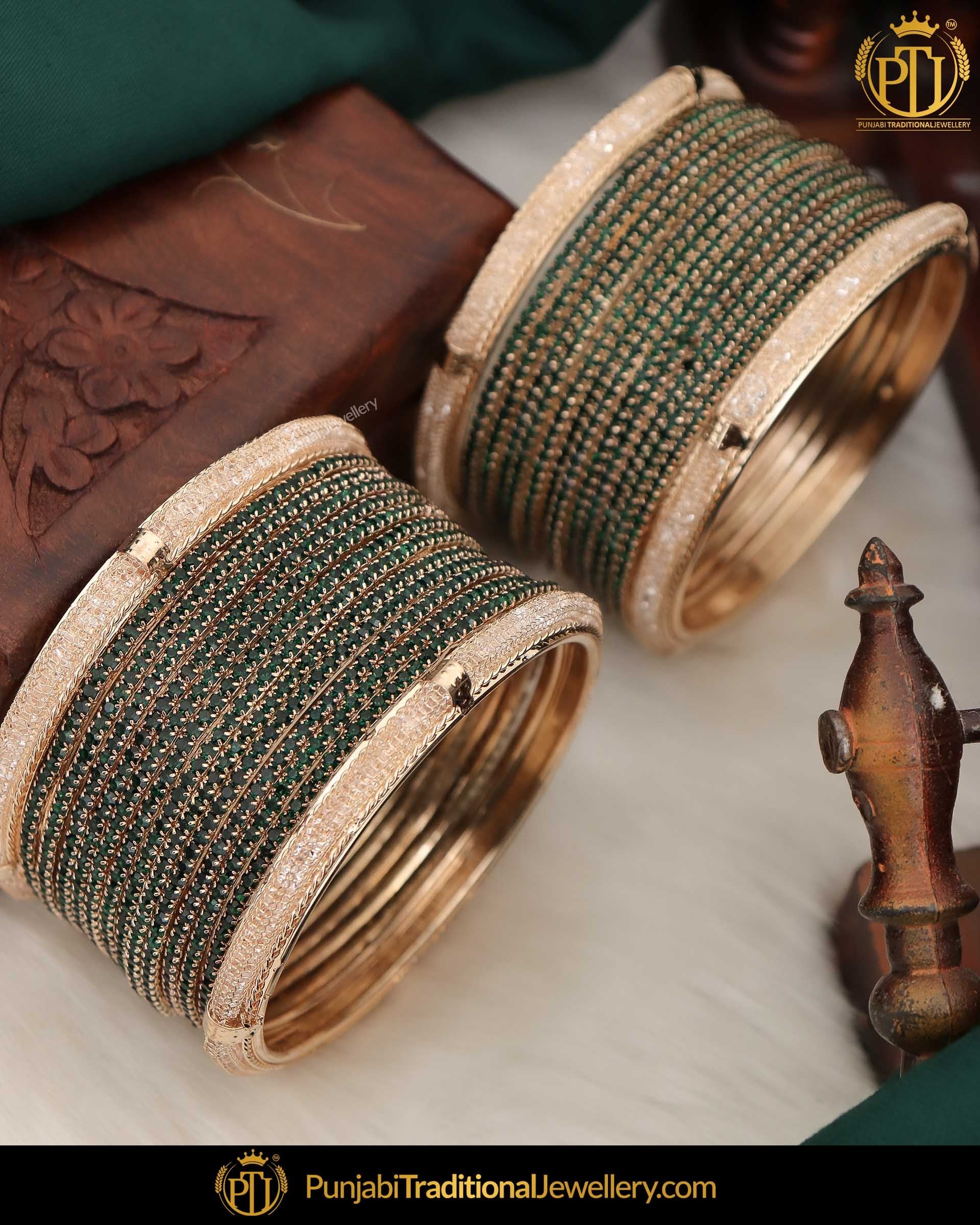 Antique Gold Finished Green AD Stone Bangle Set (Both Hand Pair) | Punjabi Traditional Jewellery Exclusive