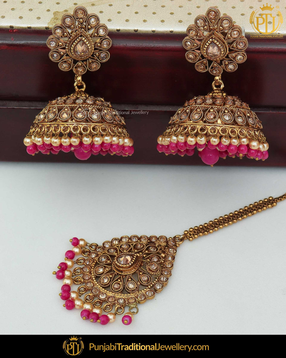 Antique Gold Finished Pink Champagne Stone Jhumki Earrings & Tikka | Punjabi Traditional Jewellery Exclusive