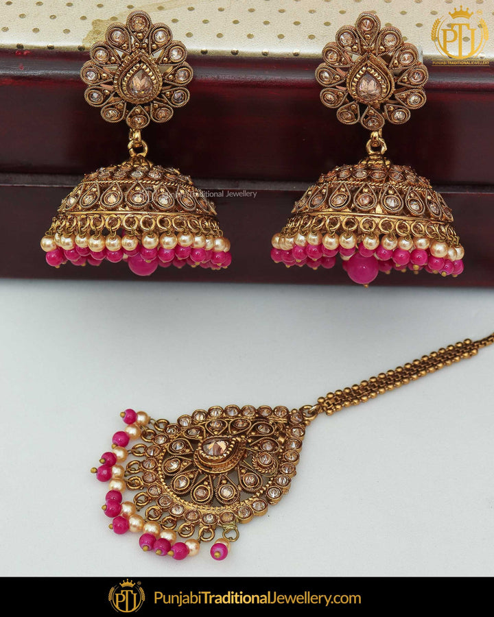 Antique Gold Finished Pink Champagne Stone Jhumki Earrings & Tikka | Punjabi Traditional Jewellery Exclusive
