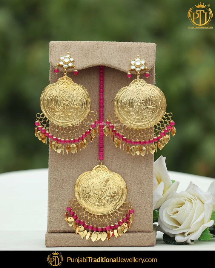 Gold Finished Pippal Patti Patra Earring Tikka Set | Punjabi Traditional Jewellery Exclusive