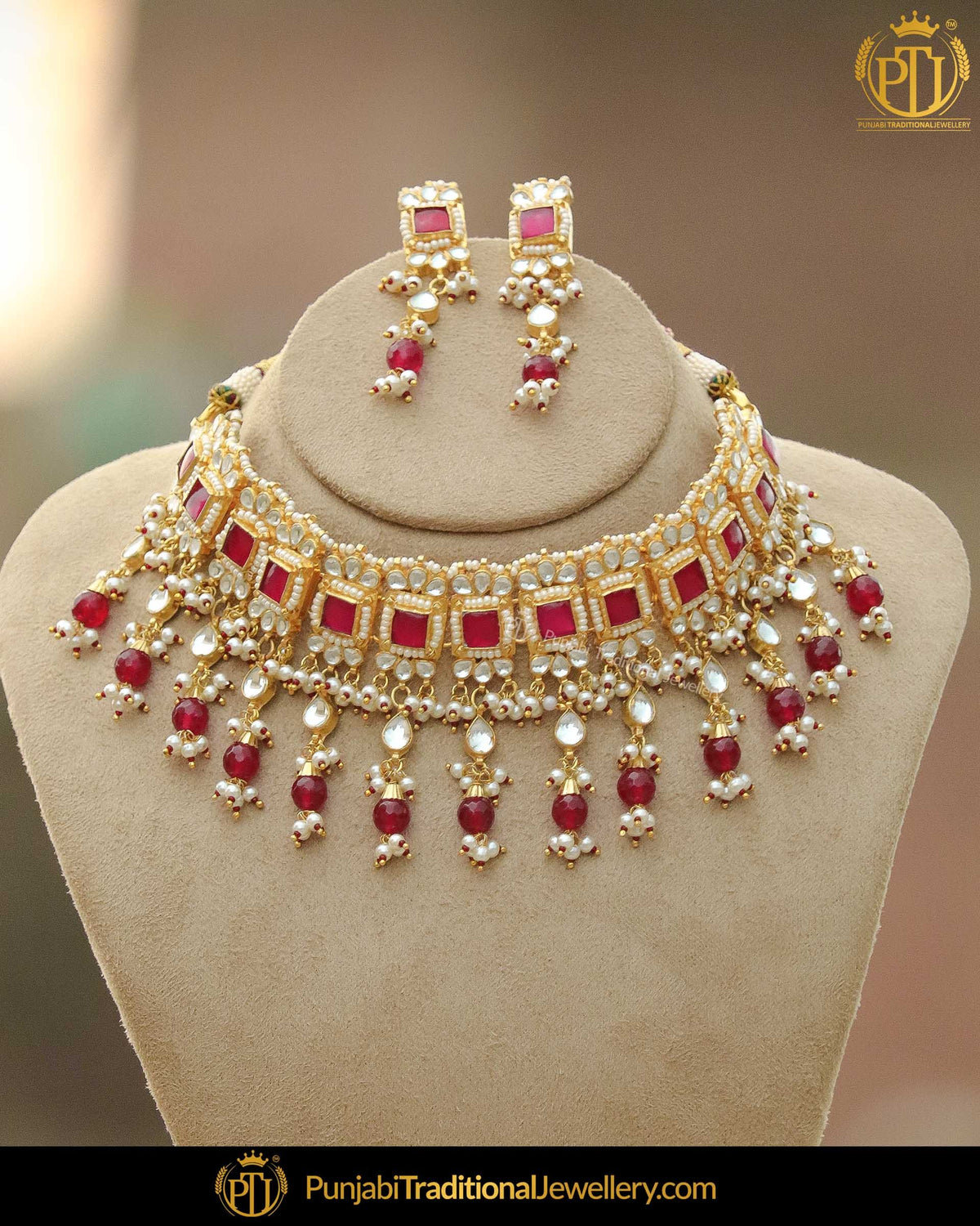 Gold Finished Rubby Pearl Bridal Necklace Set | Punjabi Traditional Jewellery Exclusive