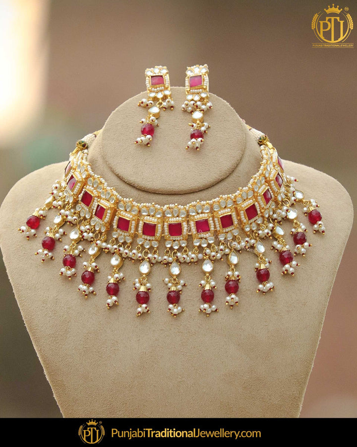 Gold Finished Rubby Pearl Bridal Necklace Set | Punjabi Traditional Jewellery Exclusive