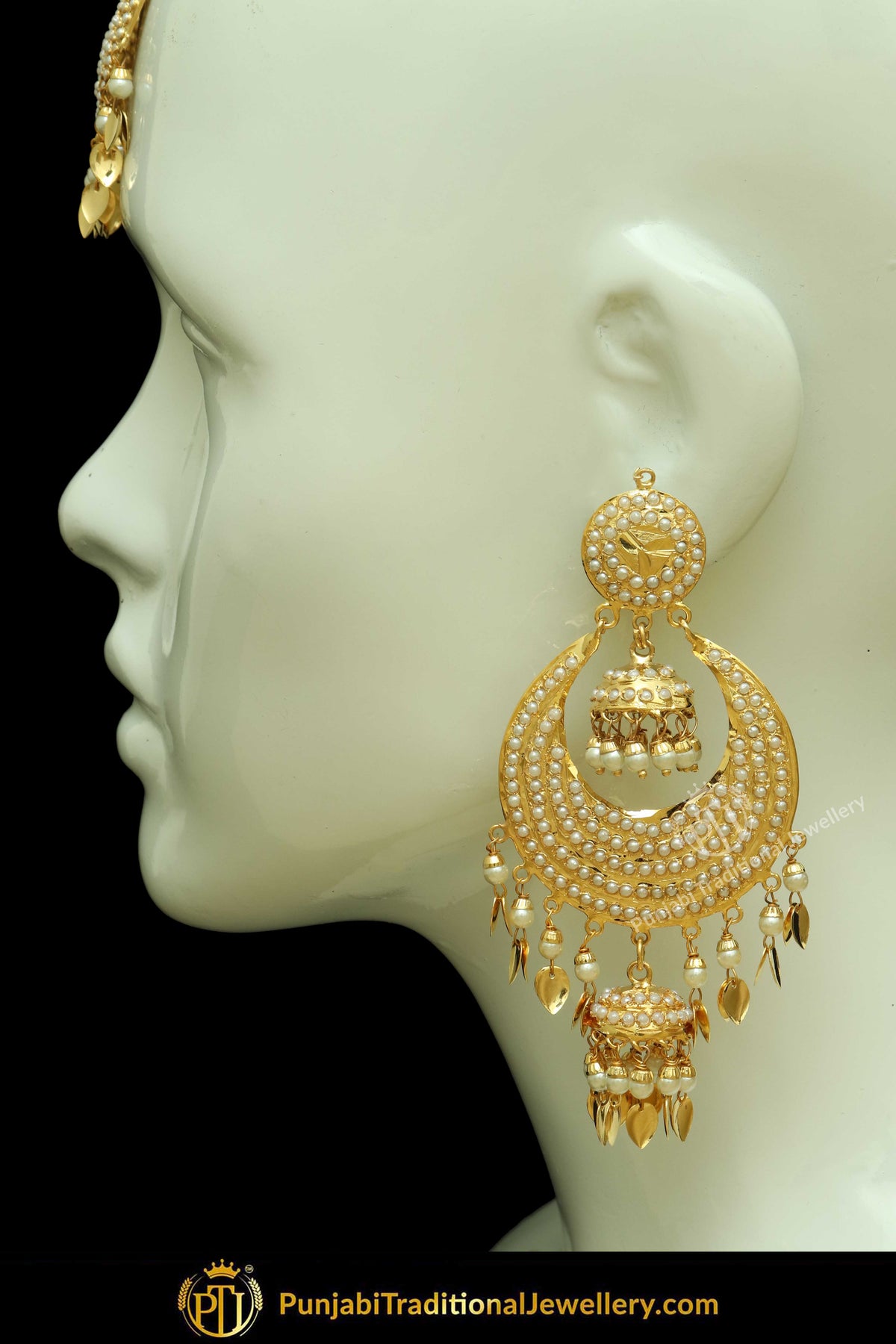 Gold Finished Jadau Pippal Patti Earring Tikka Set | Punjabi Traditional Jewellery Exclusive
