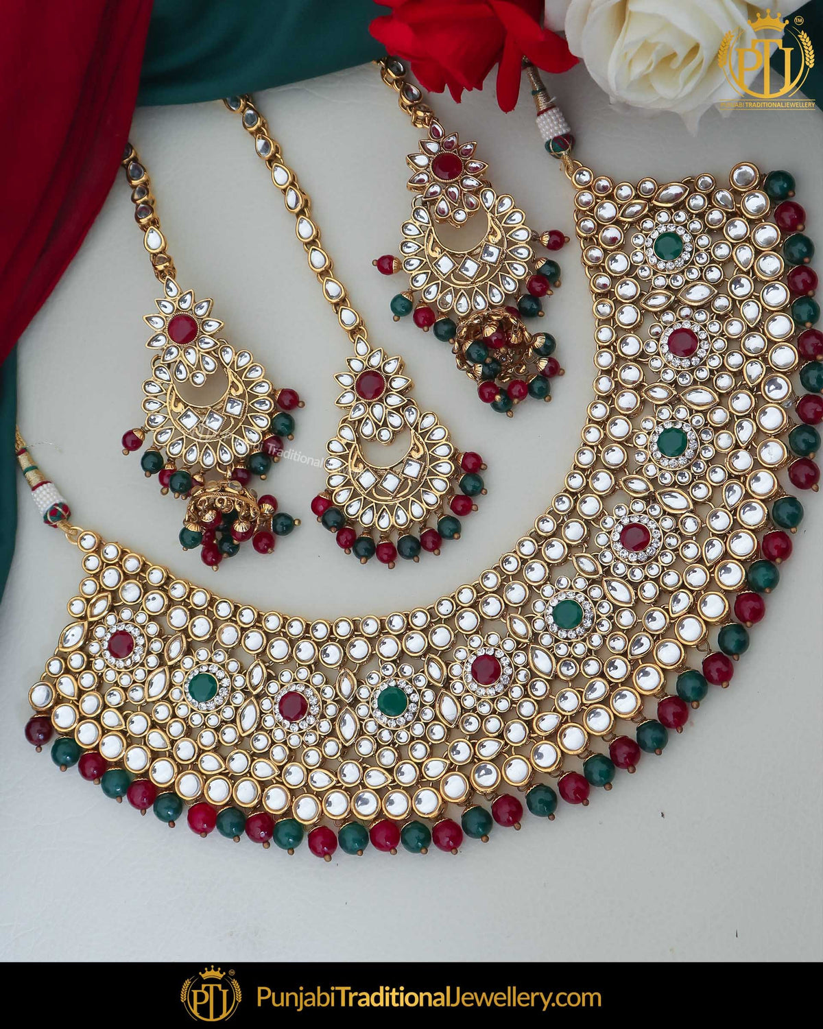 Gold Finished Kundan Rubby Emerlad Pearl Necklace Set | Punjabi Traditional Jewellery Exclusive