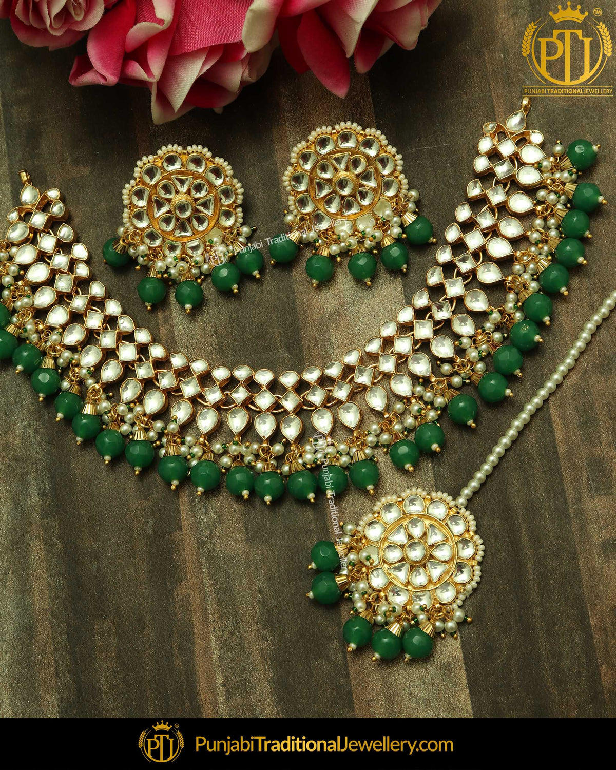 Emerald Kundan Pearl Necklace Set With Stud Earring Tikka Set | Punjabi Traditional Jewellery Exclusive