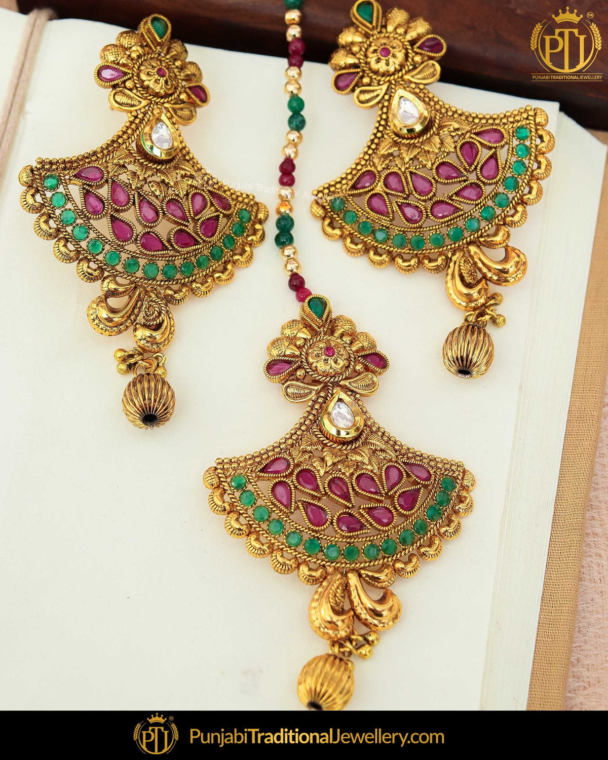Antiuqe Gold Finished Polki Stone Emerald Rubby Earring Tikka Set | Punjabi Traditional Jewellery Exclusive