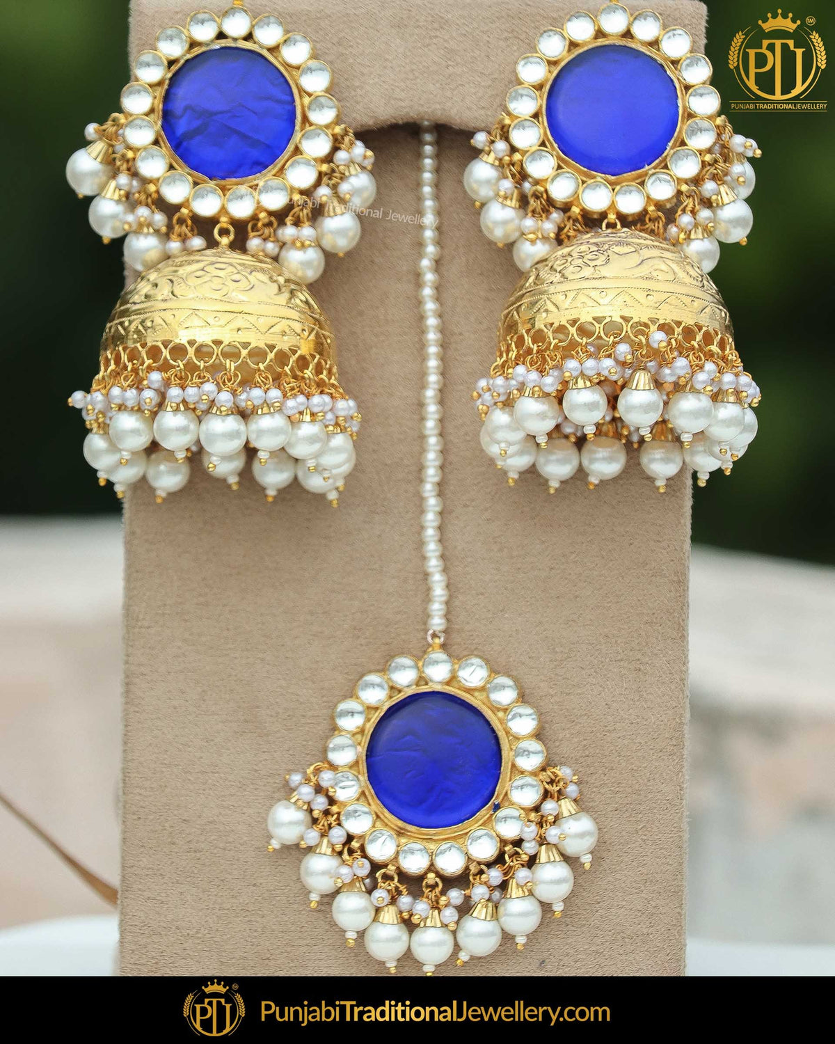 Gold Finished Jhumki Blue Kundan Pearl Earring Tikka Set | Punjabi Traditional Jewellery Exclusive
