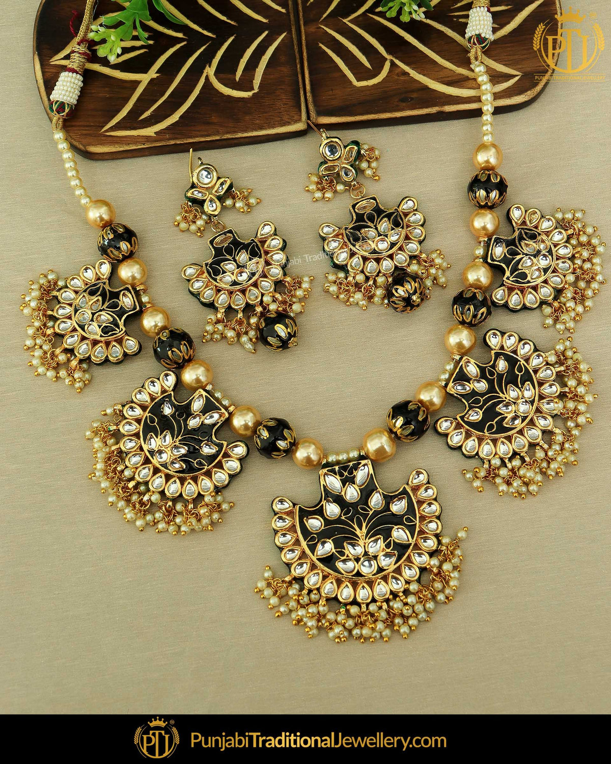 Hand Paited Meena Black Pearl Kundan Necklace Set | Punjabi Traditional Jewellery Exclusive