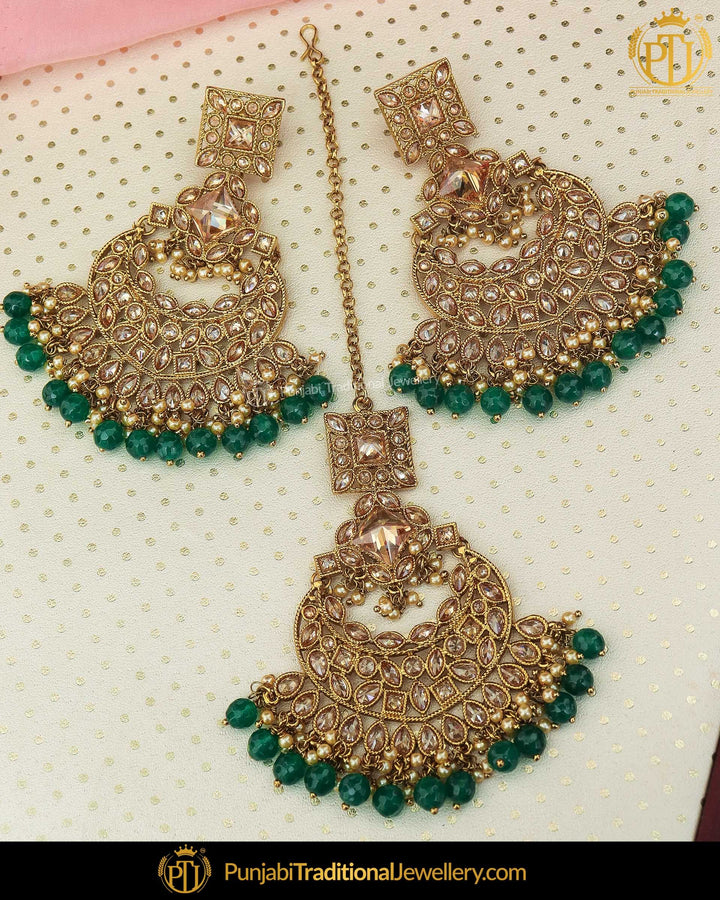 Gold Finished Champange Stone Emerald Earring Tikka Set | Punjabi Traditional Jewellery Exclusive