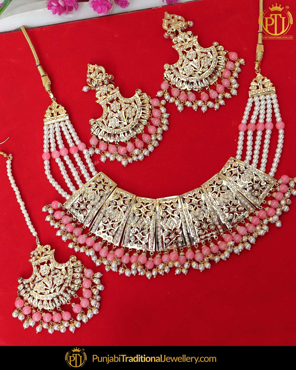 Gold Finished Peach Jadau Pearl Necklace Set  | Punjabi Traditional Jewellery Exclusive