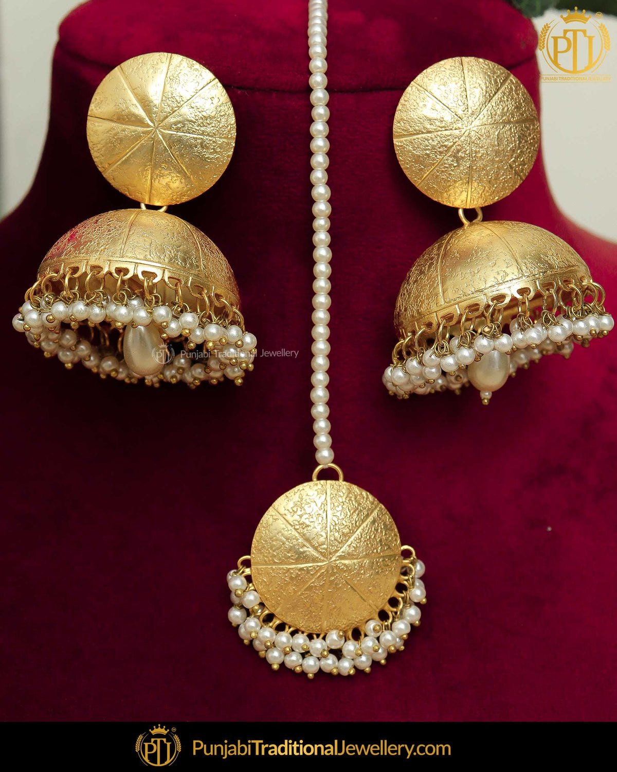 Gold Finished Patra Jhumki Earrings & Tikka Set | Punjabi Traditional Jewellery Exclusive